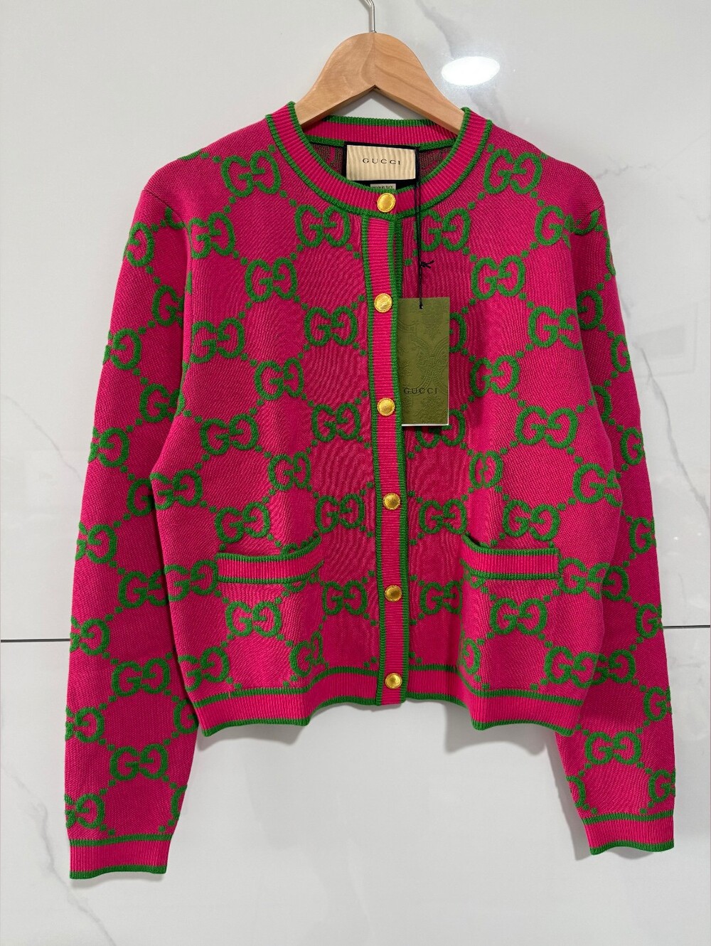 Gucci Pink & Green GG Logo Knit Cardigan Jacket
